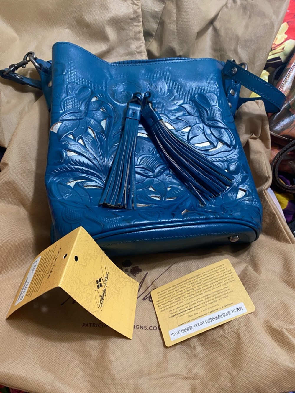 Patricia Nash Caribbean Blue Embossed Leather Crossbody with Tassels